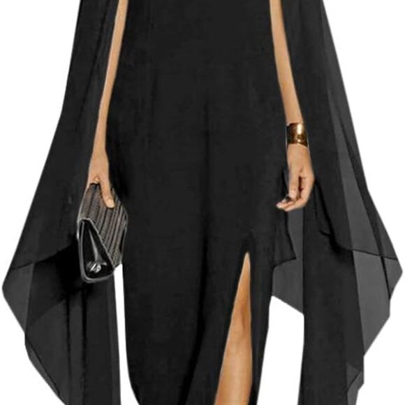 Dresses & Skirts - Elegant Women's High Split Maxi Dress with Flare Sleeves & Cape - Black